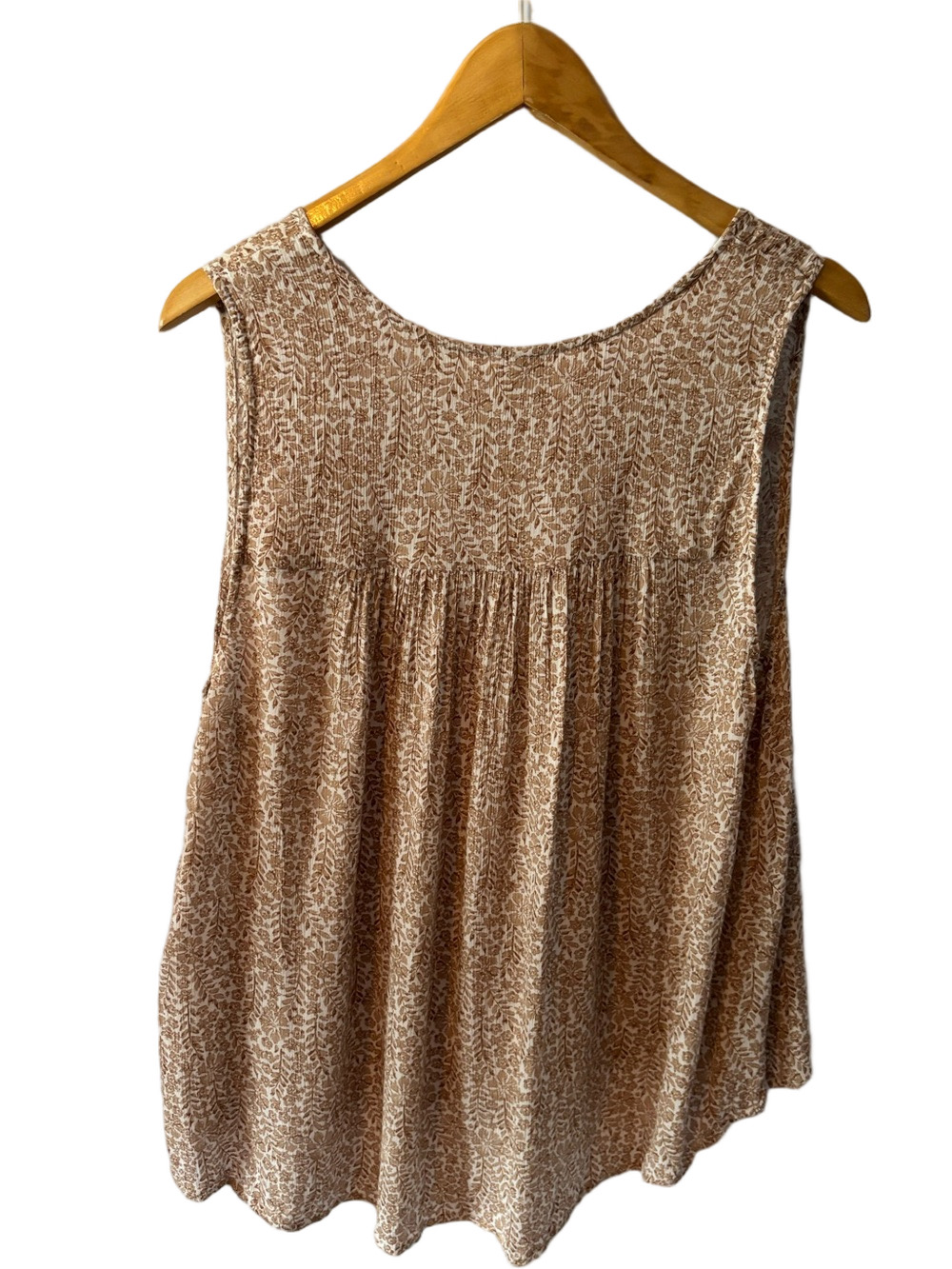 Gentle Fawn Tan Floral V-Neck Sleeveless Blouse XL High-Low Neck Ties Rayon - Picture 3 of 9